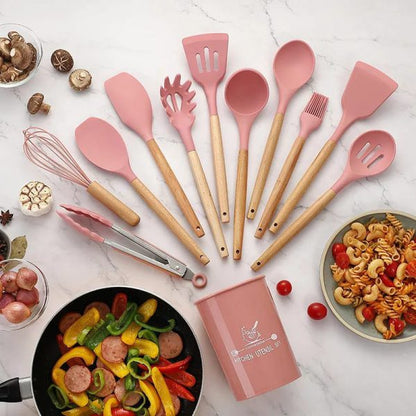 12 Pcs Set Wooden Handle Silicone Kitchen Utensils With Storage Bucket High Temperature Resistant And Non Stick Pot Spatula Spoon( Random Color )